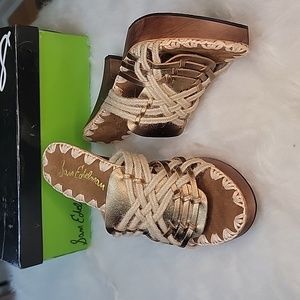 SAM EDELMAN OKI Bronze Metallic Open Toe Slip On Boho Huarache Clog Sandal Heels